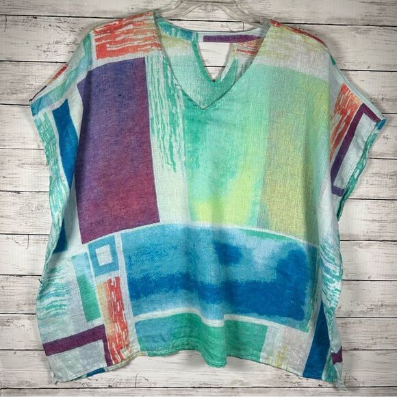 Chico's 100% Linen Sz L/XL Abstract Multicolor Blocks Print Poncho Blouse - Picture 1 of 7